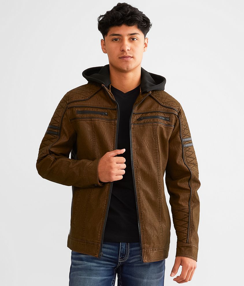 Mens hooded faux leather on sale jacket