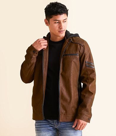 Buckle Black Faux Leather Hooded Jacket front view