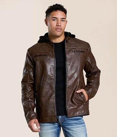 Buckle Black Faux Leather Hooded Jacket front view