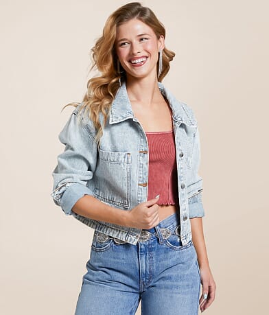 Ashley Rhinestone Cropped Denim Jacket front view