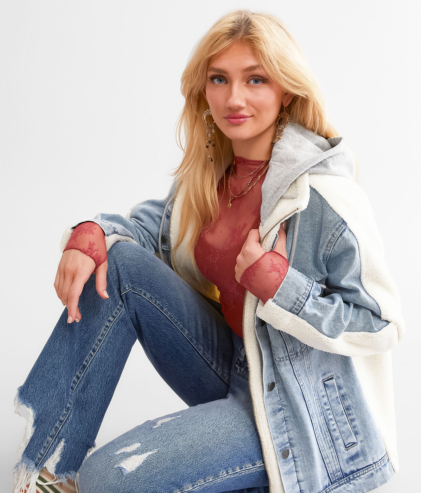 BKE Pieced Sherpa Denim Hooded Jacket - Women's Coats & Jackets in