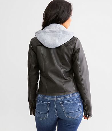 BKE Faux Leather Hooded Jacket BACK