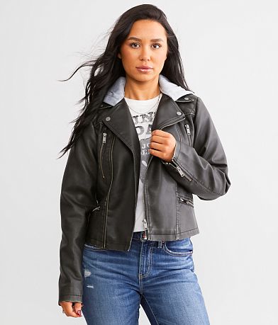 BKE Faux Leather Hooded Jacket front view