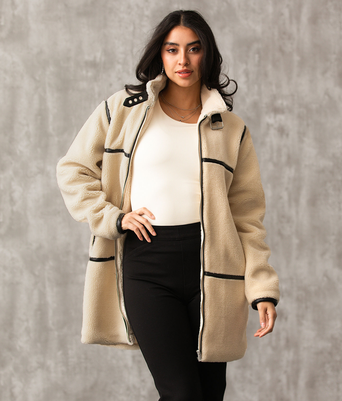 Buckle Black Sherpa Trench Coat - Women's Coats & Jackets in Cream