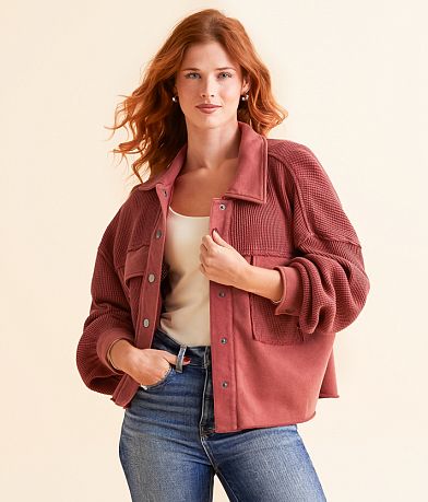 BKE Pieced Waffle Knit Shacket front view