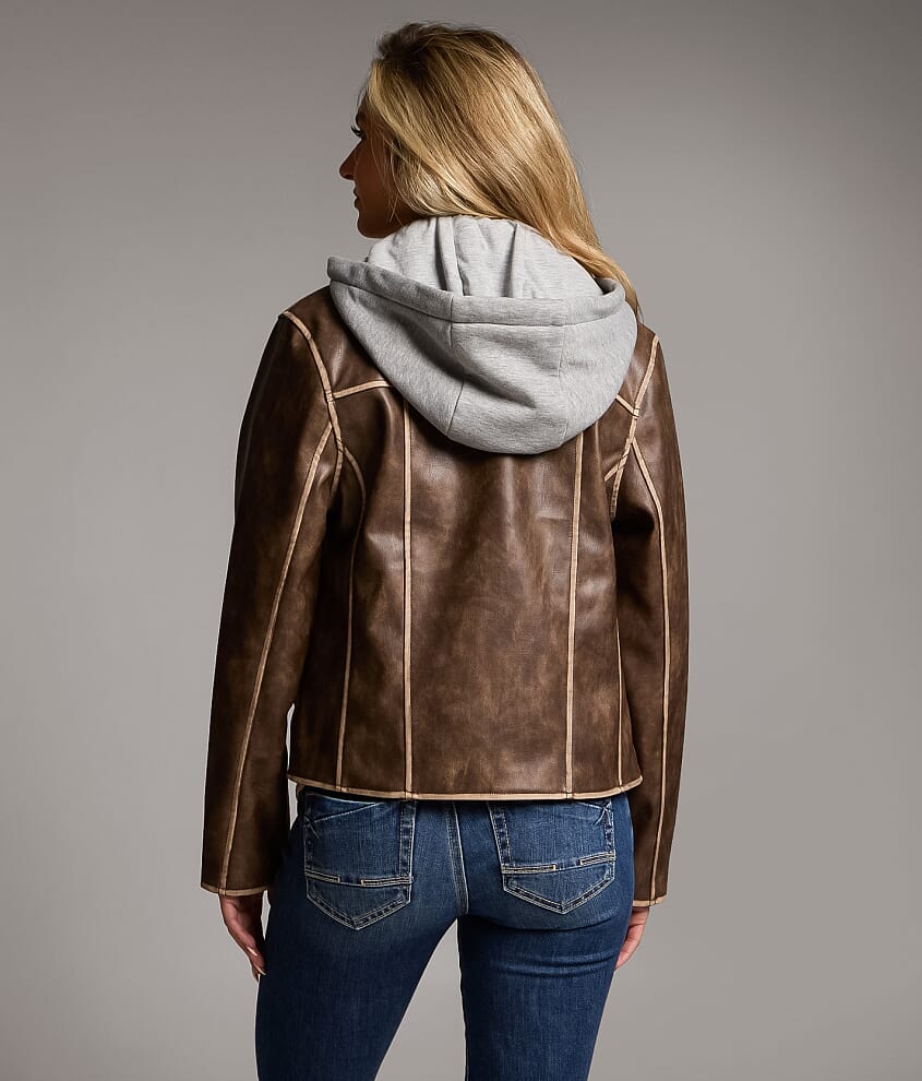 Distressed Faux Leather Hooded Jacket - thumbnail 3