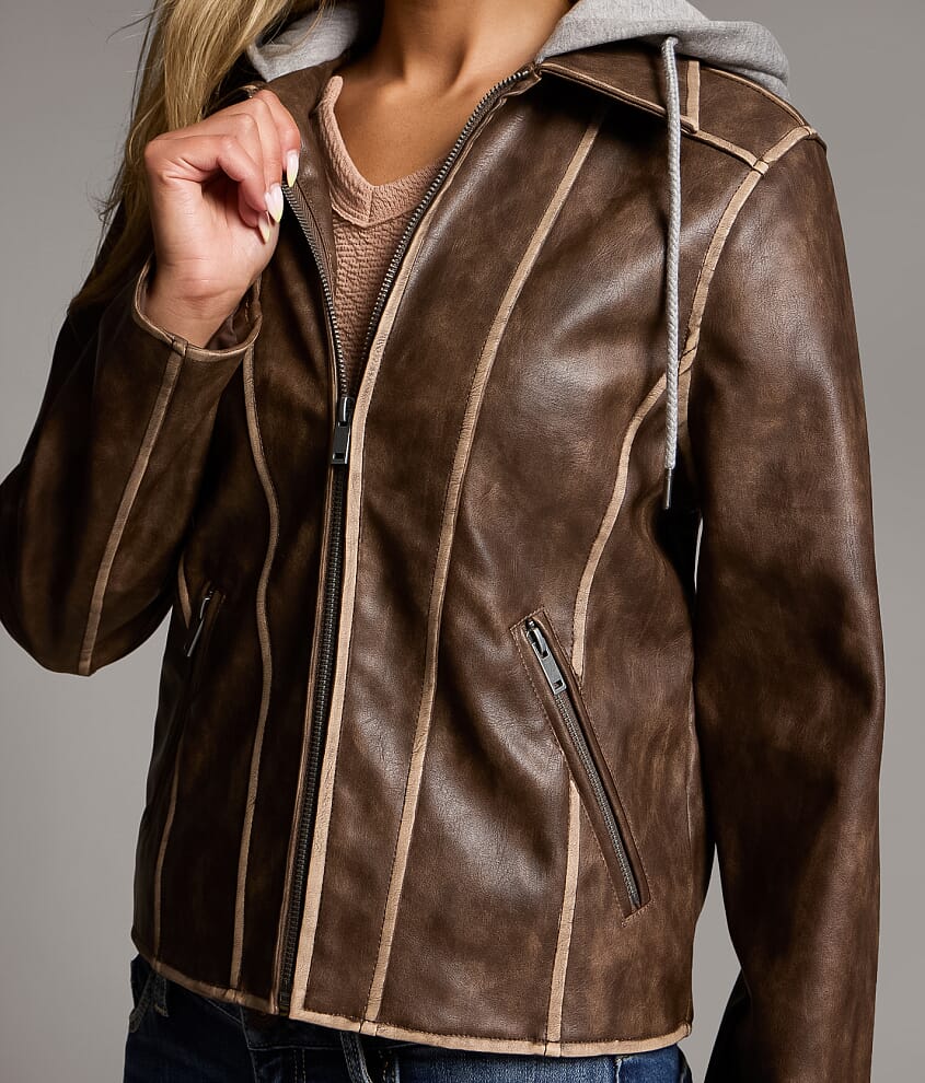 Distressed Faux Leather Hooded Jacket - thumbnail 4