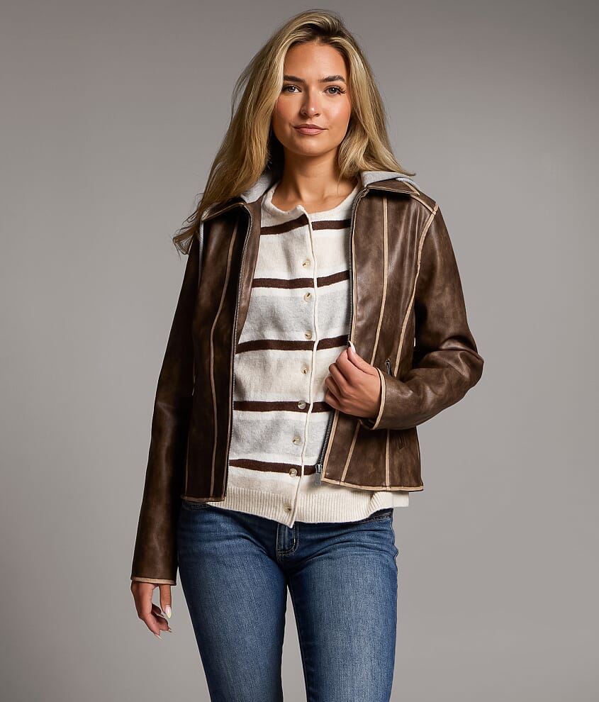 Distressed Faux Leather Hooded Jacket - thumbnail 2
