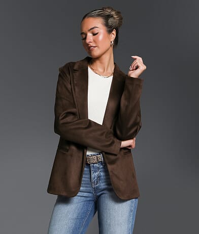 Buckle Black Faux Suede Blazer front view
