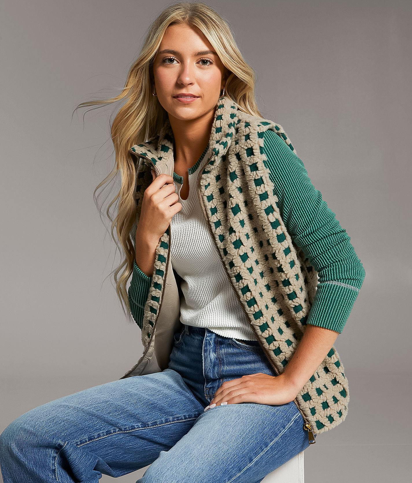 BKE Checkered Sherpa Vest - Women's Coats & Jackets in Olive Taupe | Buckle