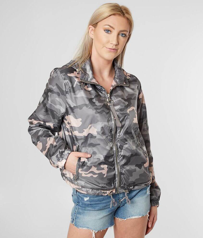 Ashley Camo Windbreaker Jacket Women s Coats Jackets in Grey Pink Buckle