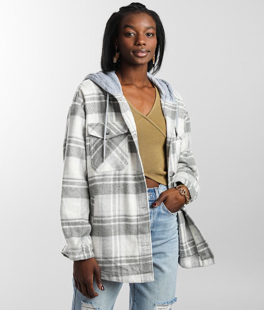 Bohemian Women's Plaid Flannel Hooded Shirt Jacket Coat