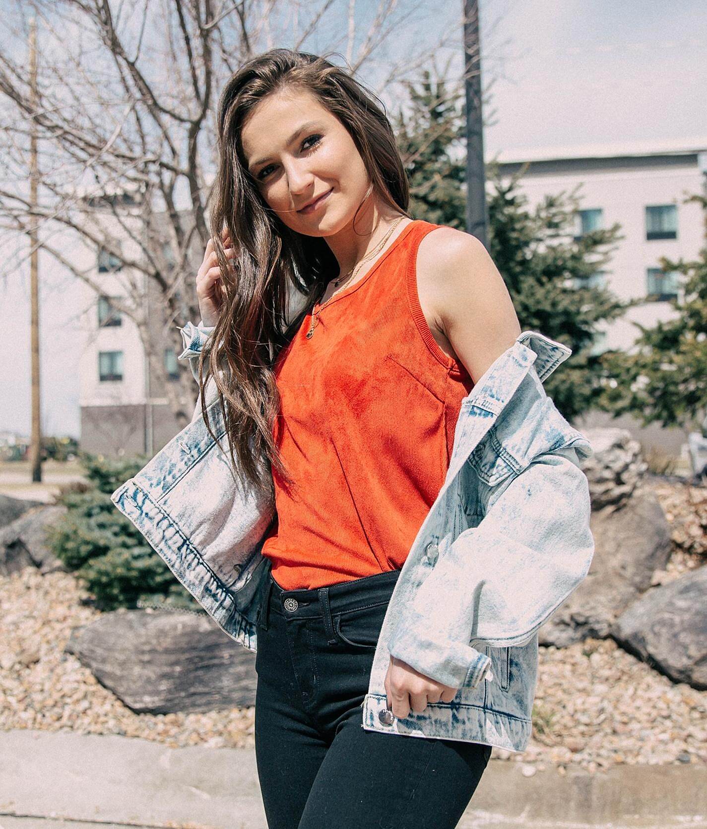 orange dress with denim jacket