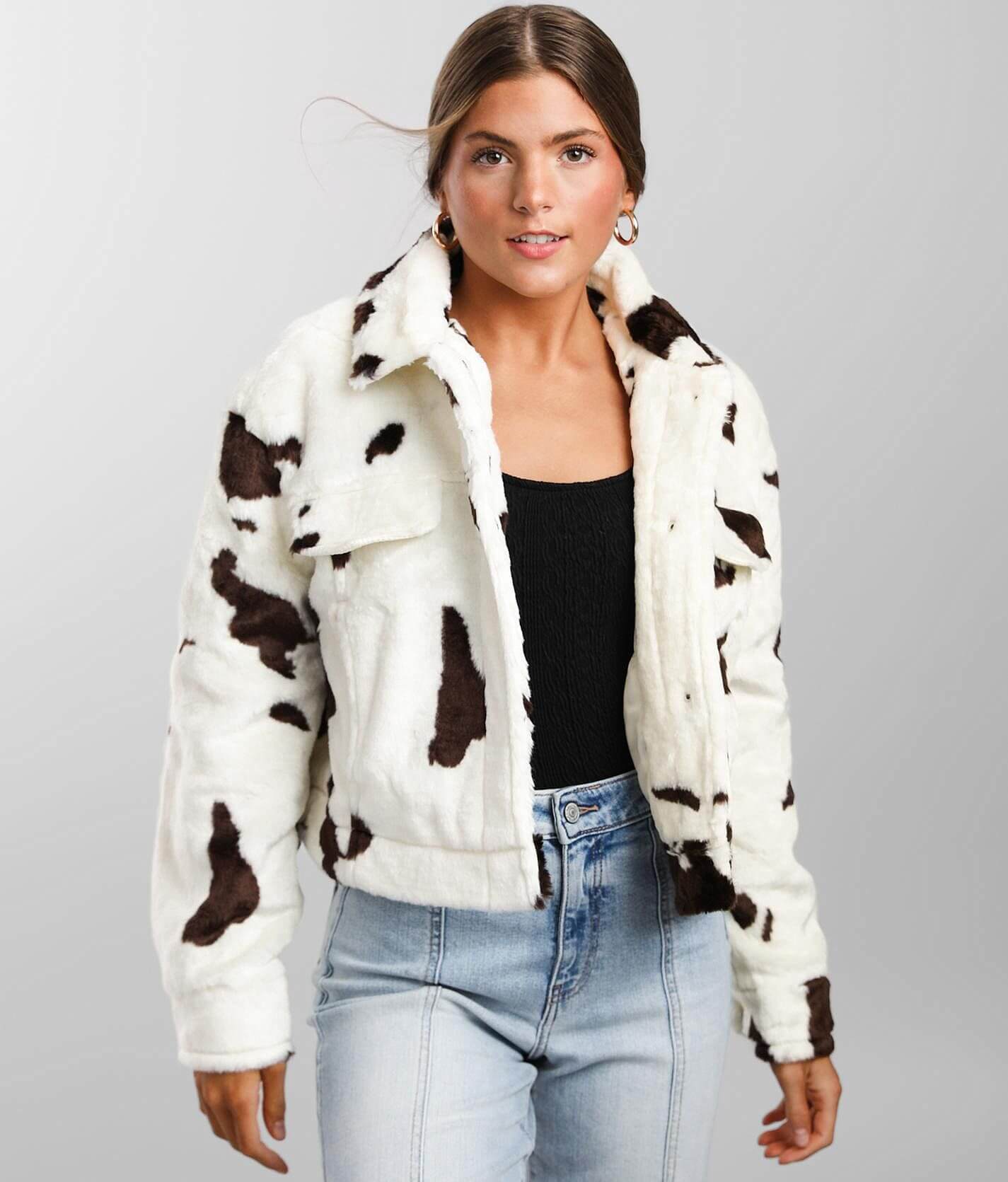 Ashley Cow Print Faux Fur Trucker Jacket - Women's Coats & Jackets