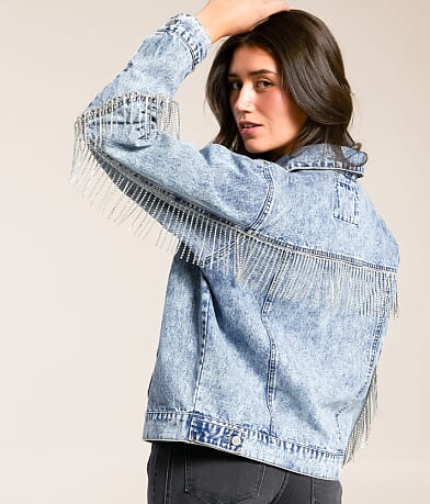 Stoosh Rhinestone Fringe Denim Jacket front view