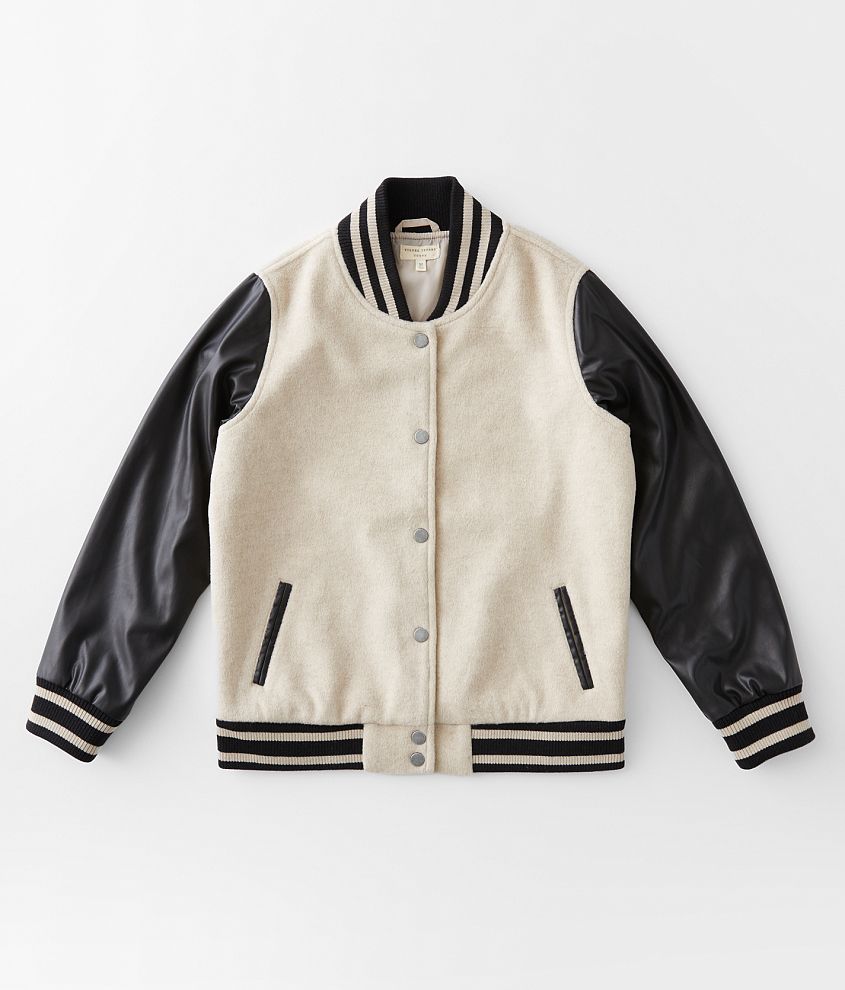 Girls Beige varsity bomber jacket