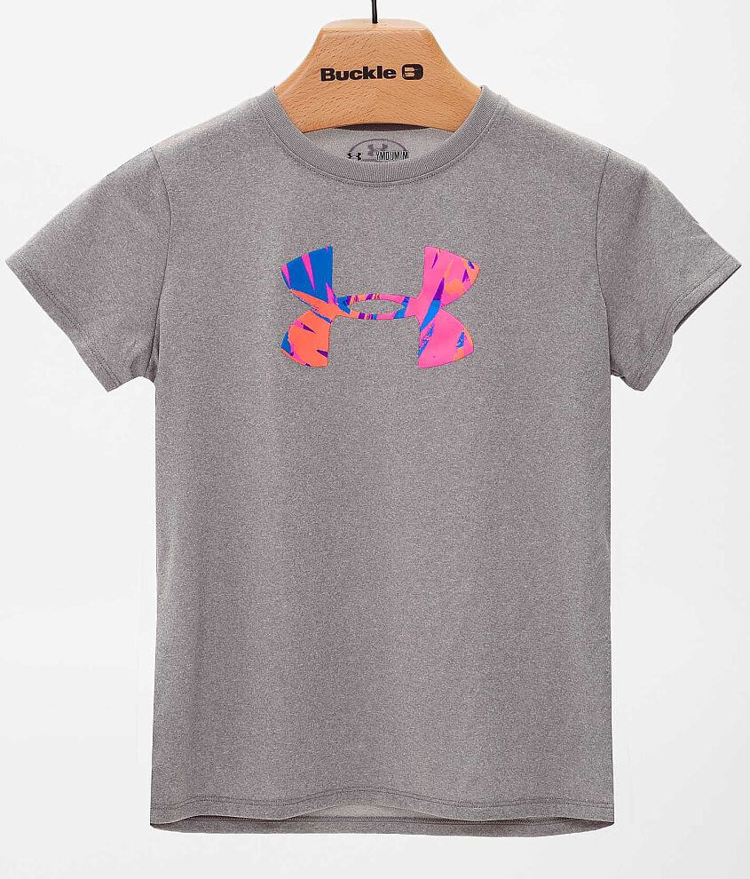 Girls Under Armour Logo T Shirt Girl s Shirts in True Gray Heather Pride Buckle