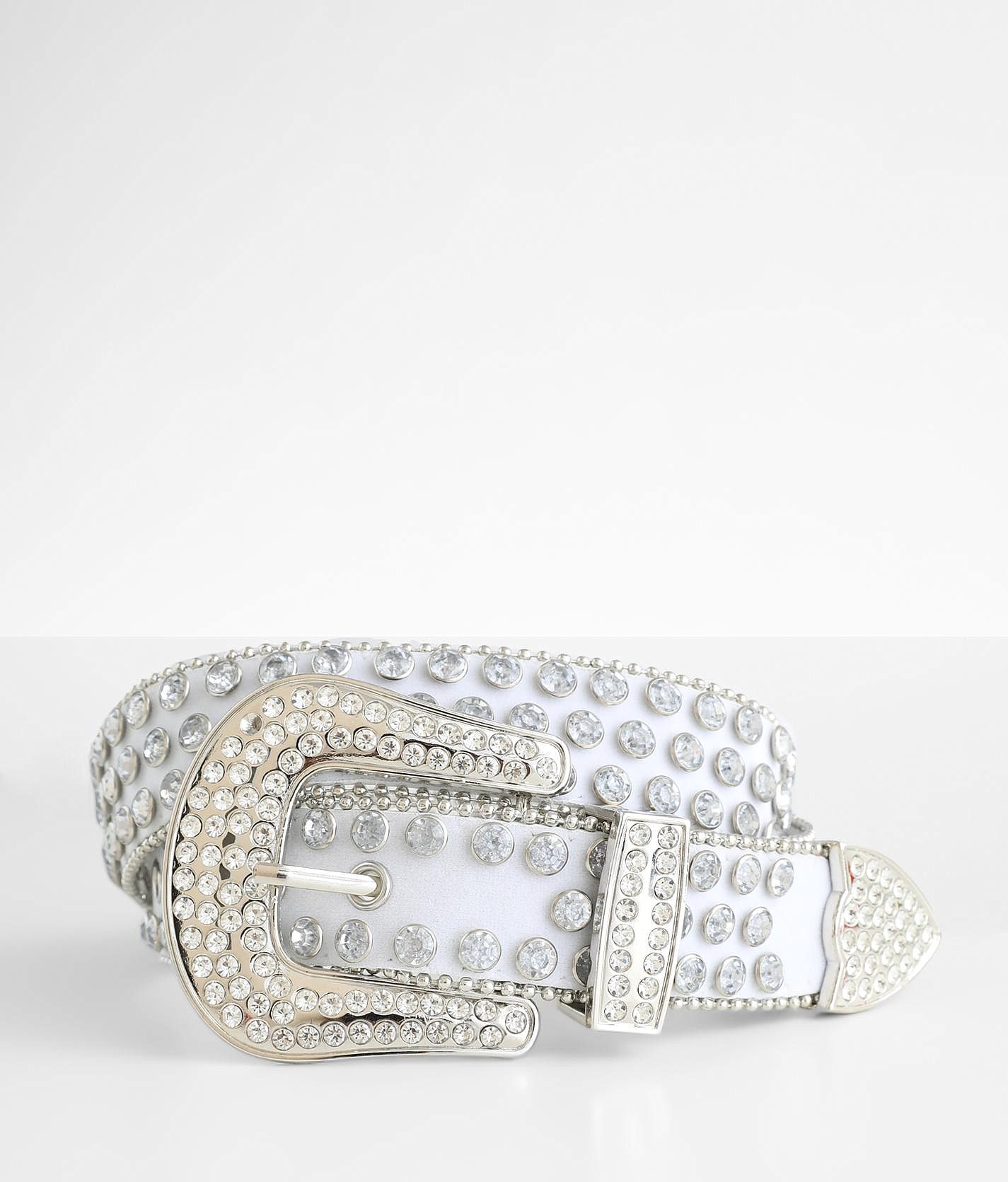 White Diamond Embossed Studded Belt 32 / White / Leather