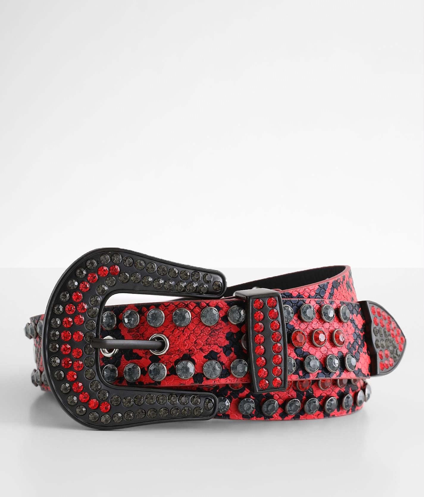 Industrial Indigo Bling Snake Print Belt - Men's Belts in Red | Buckle