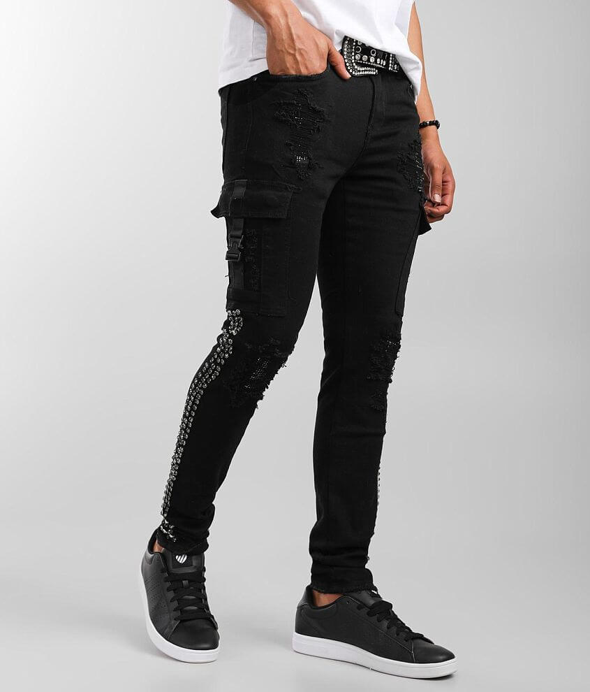 Jenny Rhinestone Denim Cargo Pants - Black