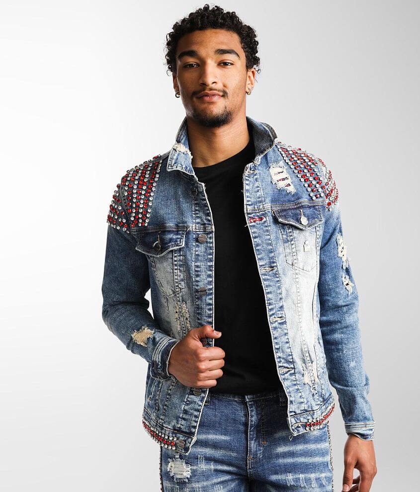 Mens denim jacket with zipper sale front