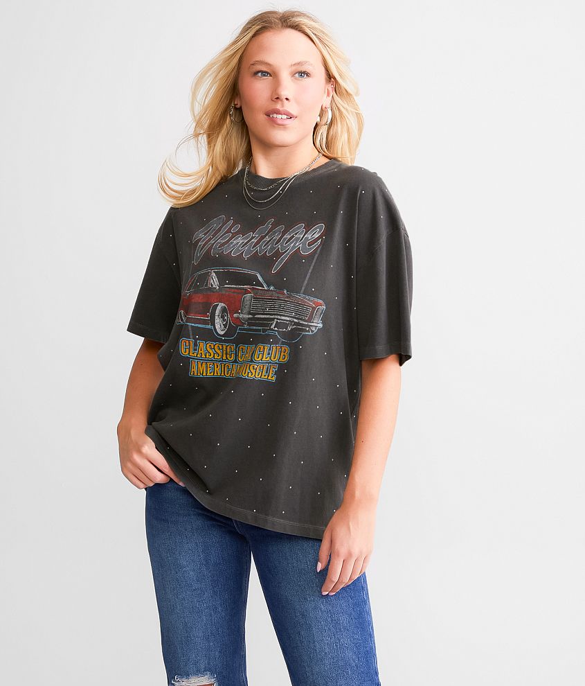 Modish Rebel Vintage American Muscle Car Rhinestone T-Shirt front view