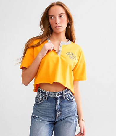 FITZ + EDDI Striped Knit Cropped T-Shirt - Women's T-Shirts in Honey Gold  Multi