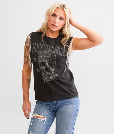 Modish Rebel Rhinestone Fringe Rocker Tank Top front view