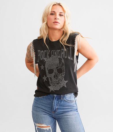 Modish Rebel Rhinestone Fringe Rocker Tank Top full right side view