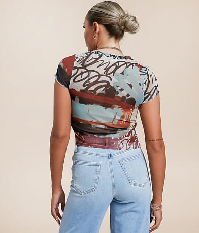 Gilded Intent Graffiti Mesh Cropped Top back view