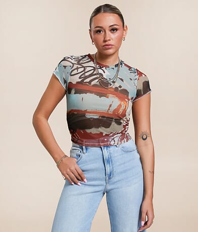 Gilded Intent Graffiti Mesh Cropped Top front view