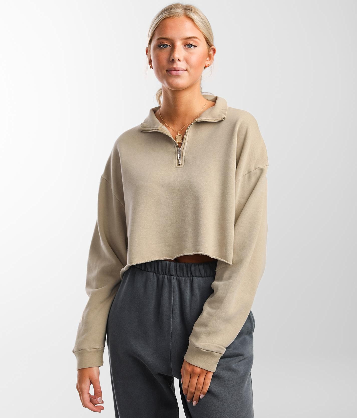 FITZ EDDI Quarter Zip Cropped Sweatshirt Women s Sweatshirts in Tan Buckle