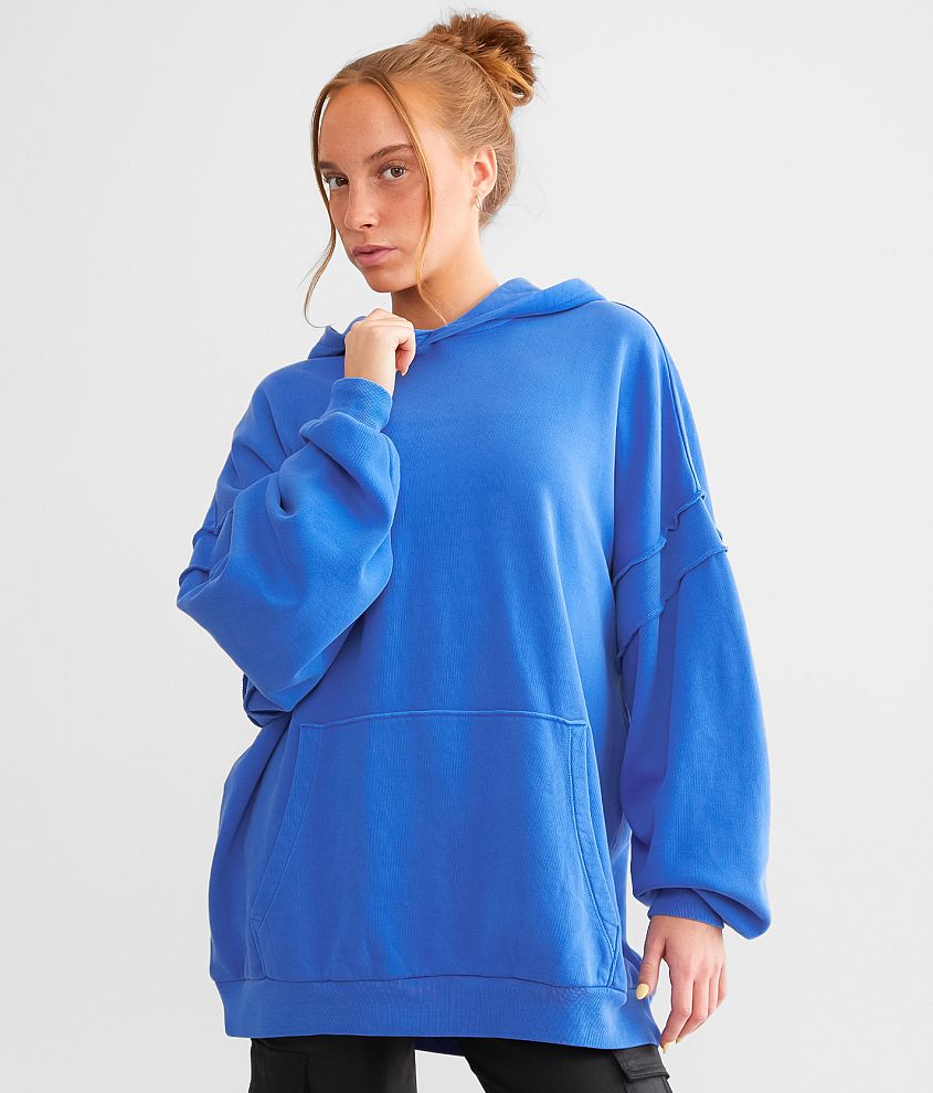 Blue Multicolor Colorblock Cowl Neck Pullover Hoodie in 2023