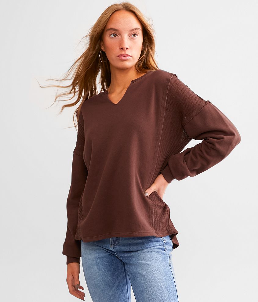 BKE Pieced Waffle Knit Top - Women's Shirts/Blouses in Brown Stone