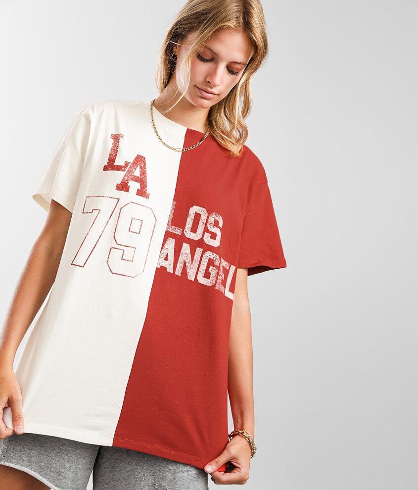 Gilded Intent Los Angeles Split T-Shirt - Red/Cream Small, Women's