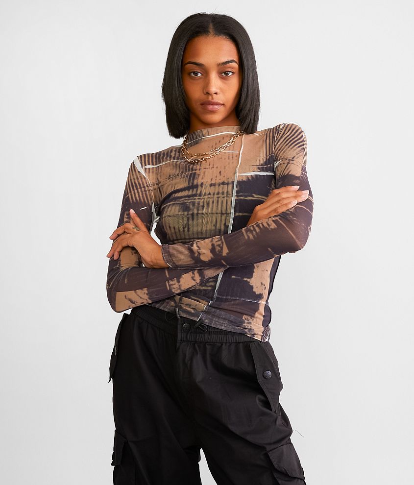 Gilded Intent Exposed Seam Sheer Mesh Top - Women's Shirts/Blouses in Brown  Black
