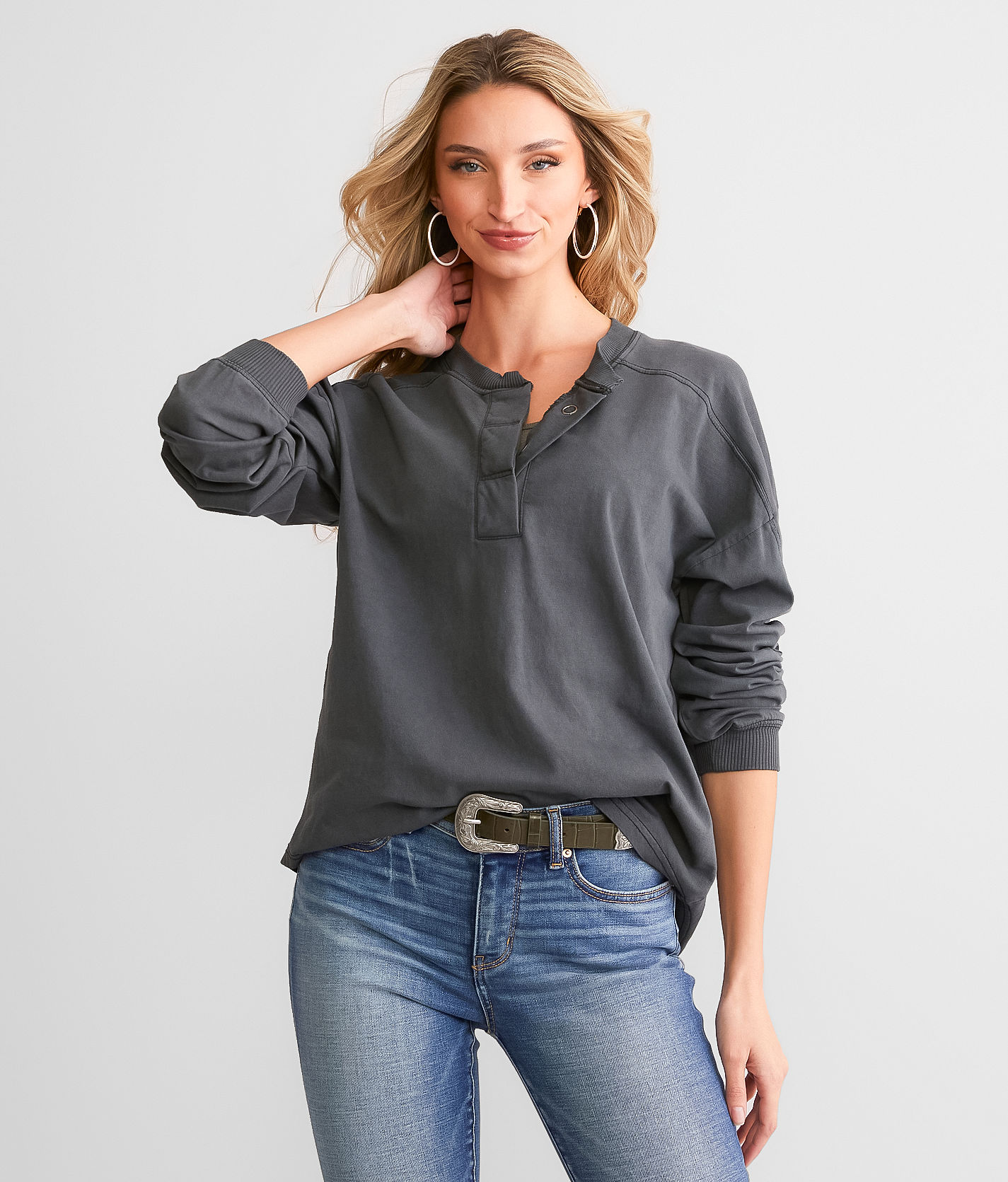 BKE Pieced Waffle Knit Henley - Women's Shirts/Blouses in Grey