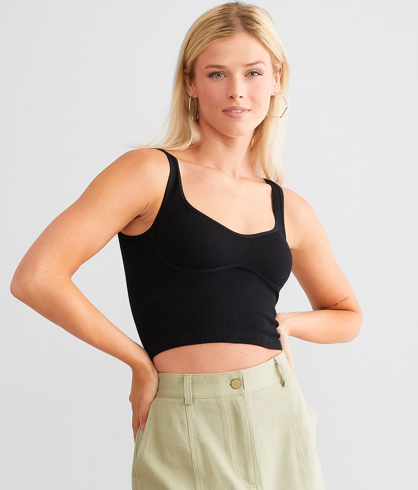 Black Rib Knit Crop Cami Tank Top For Women