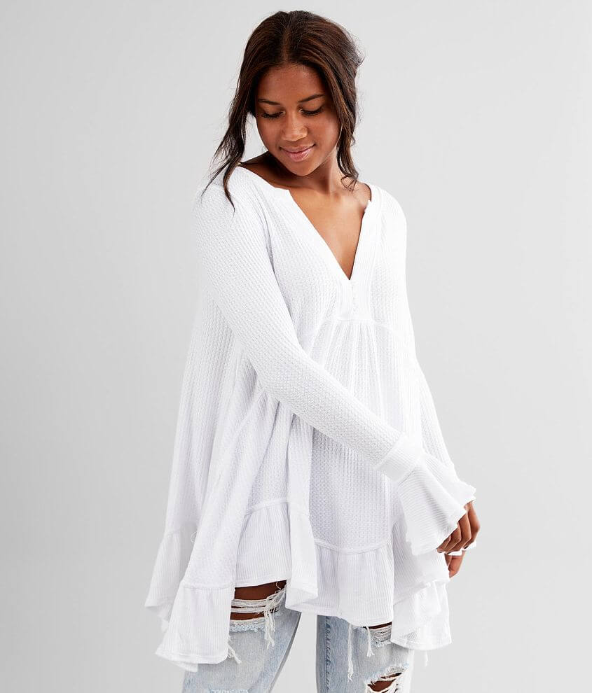 Free People White Lace Henley Top - Long Sleeve