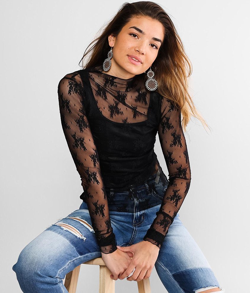 Free People Black Mesh Sleeve Long Sleeve Shirt