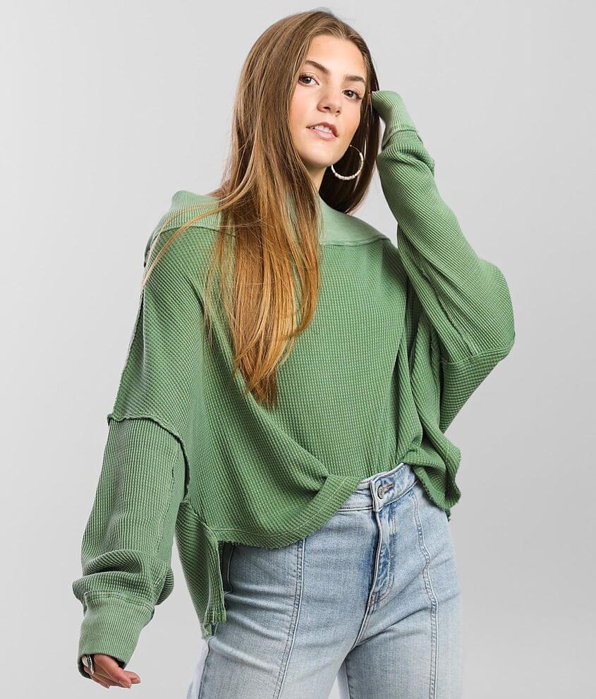 Free People Close To You Waffle Knit Top - Women's Shirts/Blouses in Cool  Moss