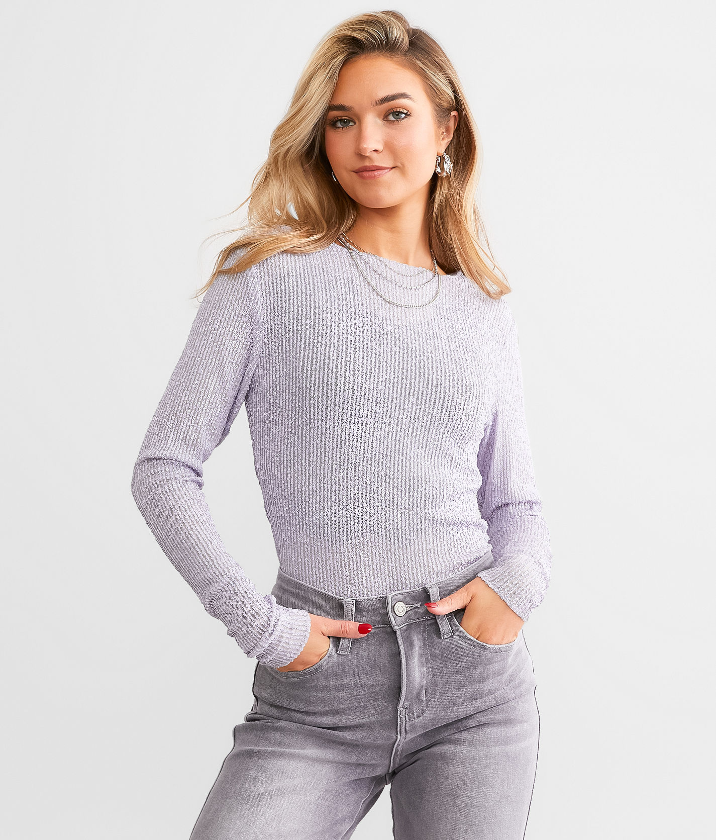 Free People Glitter Mesh Long Sleeve Layering Top in Gray