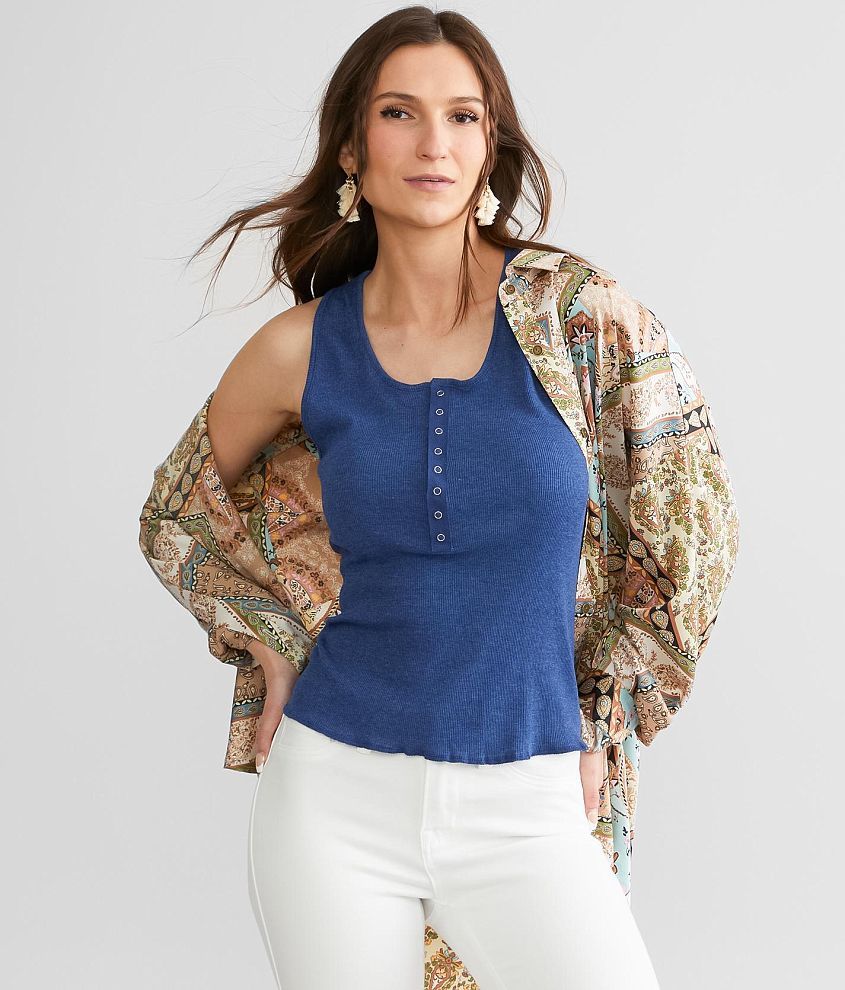 Free People The Laid Back Henley Tank Top Womens Tank Tops In Navy Peony Buckle 