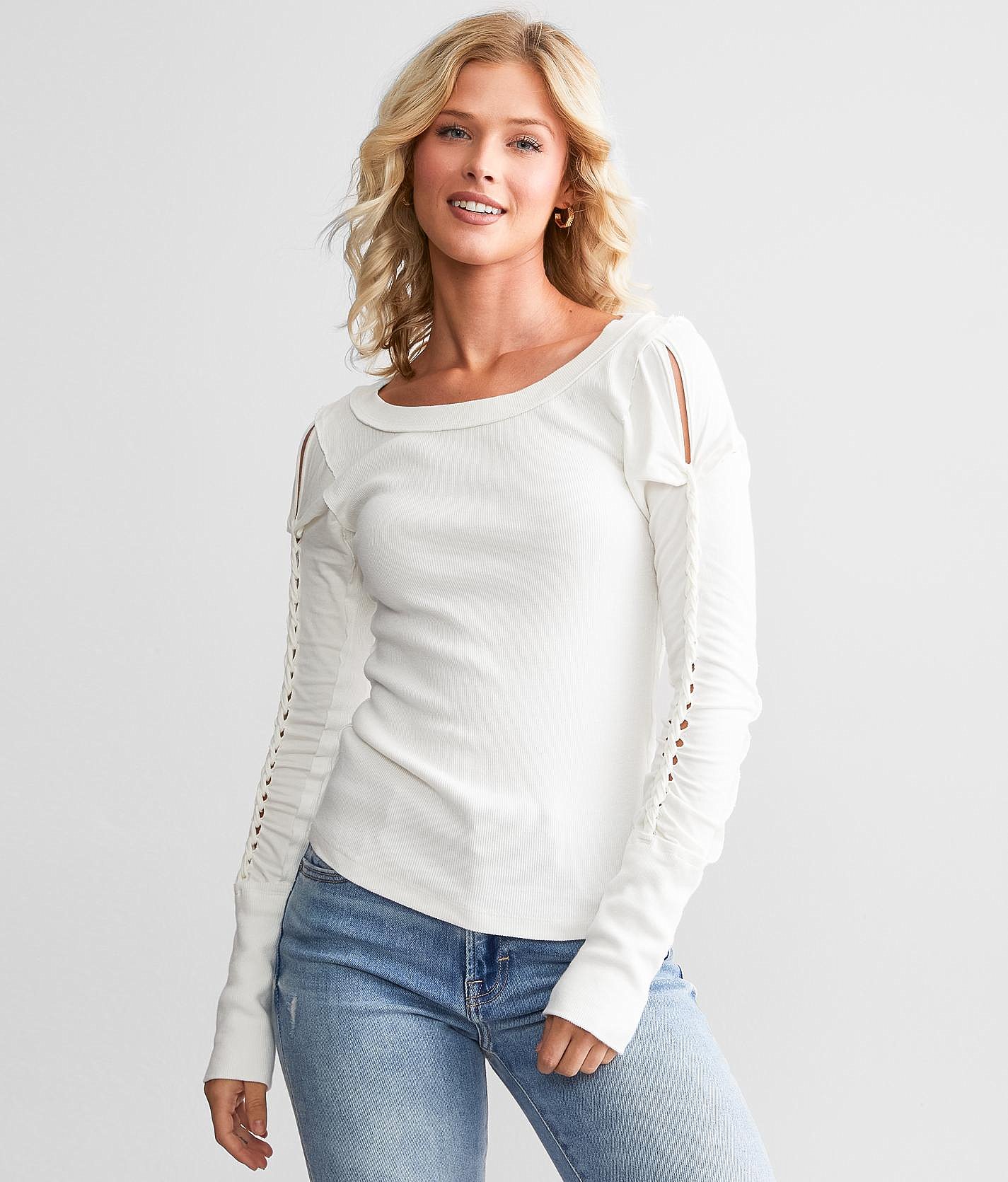 white long sleeve cold shoulder top