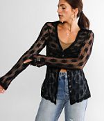 NWT FREE popular PEOPLE Women Flower Fields Mesh Top Front Button Long Sleeve Black XS