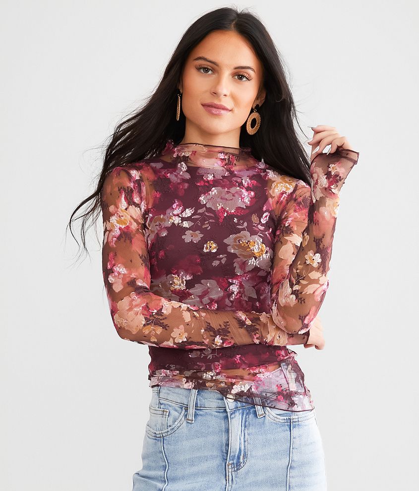 Free People Lady Lux Jacquard Sheer Mock Neck Long Sleeve Layering