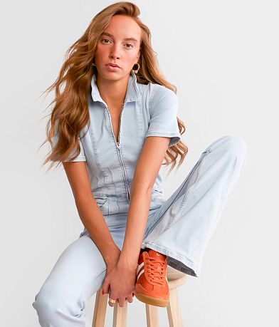 Free People Jayde Denim Flared Jumpsuit front view