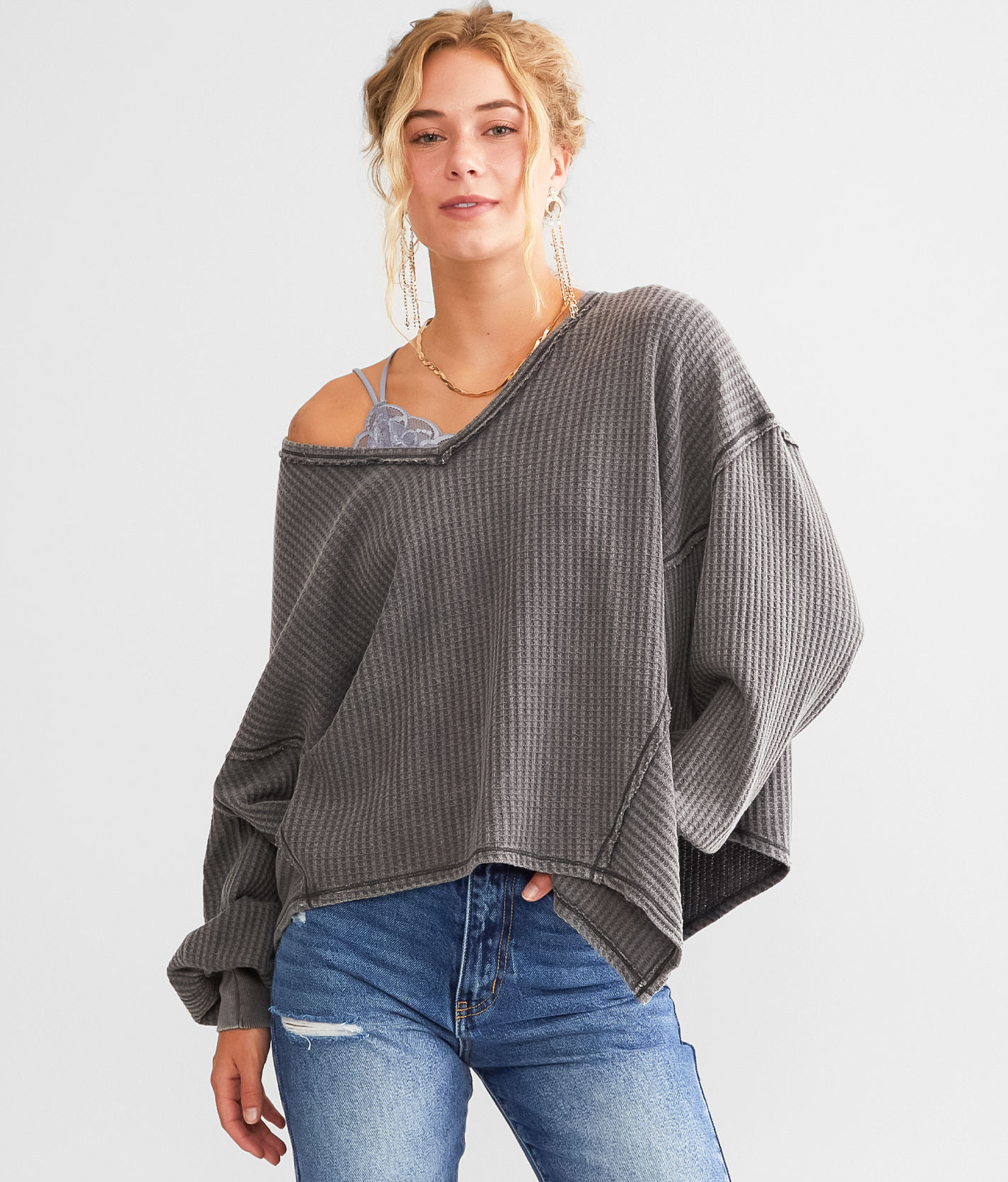 Free People FAIISLE THERMAL Top Charcoal Grey Embroidery Winter 2018 2019