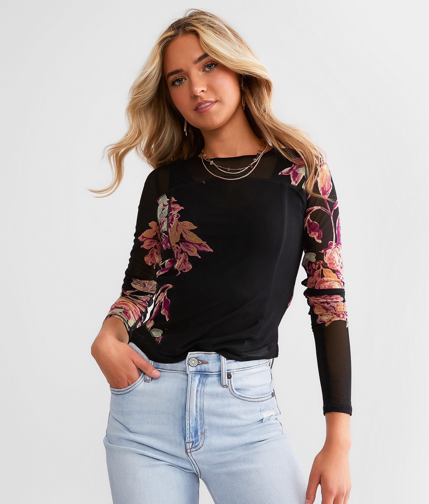 Garden of Love Black Floral Print Sheer Long Sleeve Shirt