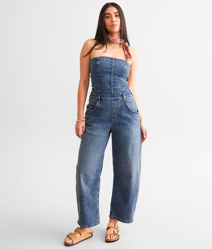 Free People We The Je Suis Pret Denim Barrel Jumpsuit